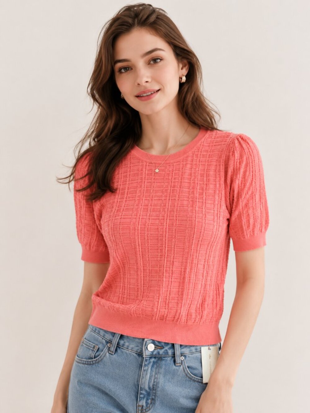 NWT Coral Pink Textured Knit Puff Sleeve Top Size S